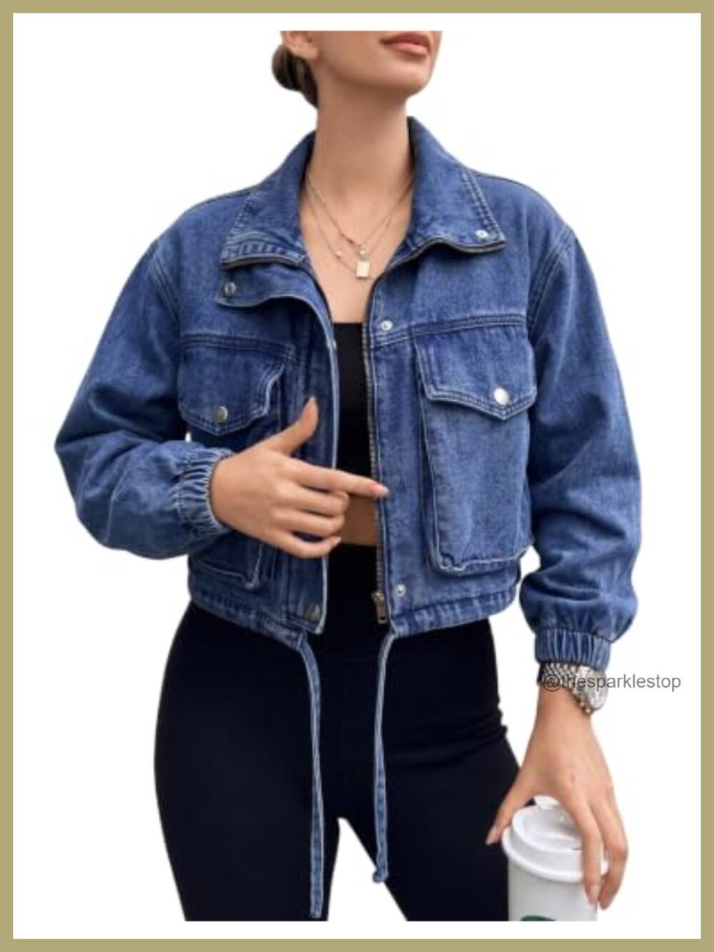 Women's Cropped Denim Jacket Lightweight Zip Up Flap Pocket